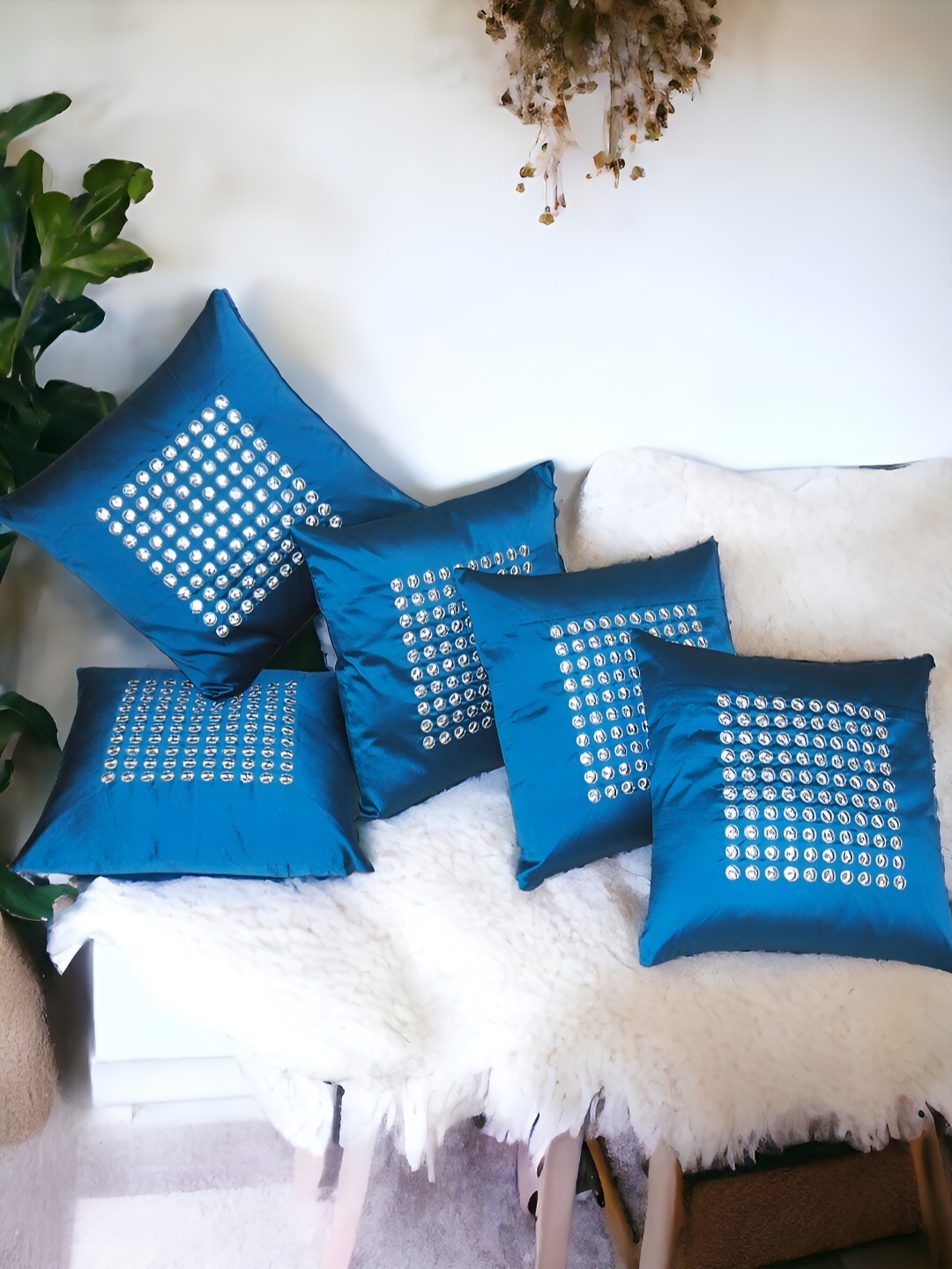 

Zikrak Exim Turquoise Blue 5 Pcs Embroidered Satin Square Cushion Covers