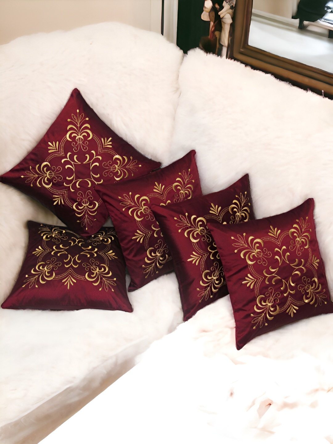 

Zikrak Exim Maroon 5 Pcs Embroidered Satin Square Cushion Covers
