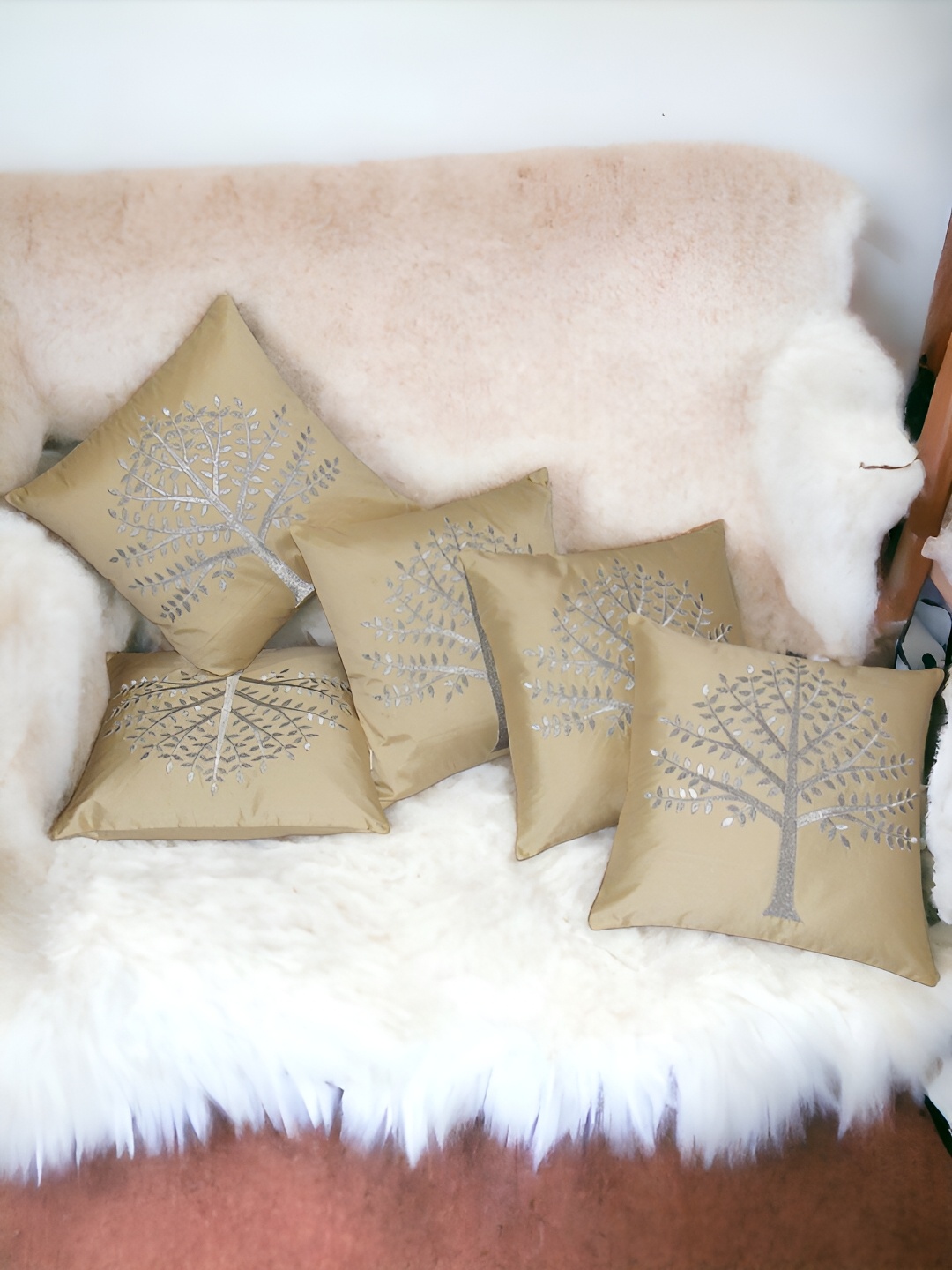 

Zikrak Exim Beige 5 Pcs Embroidered Satin Square Cushion Covers
