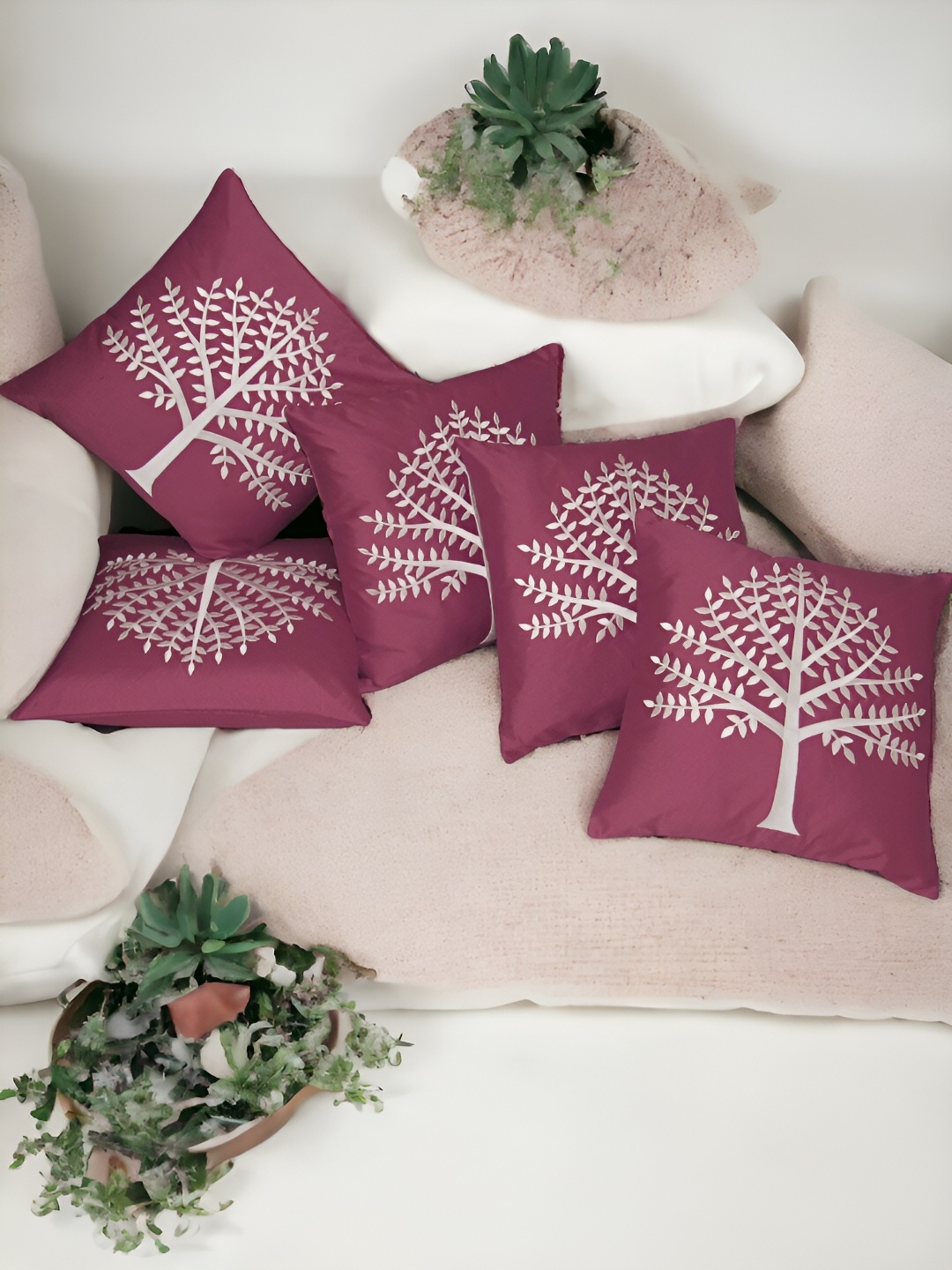 

Zikrak Exim Pink 5 Pcs Embroidered Satin Square Cushion Covers