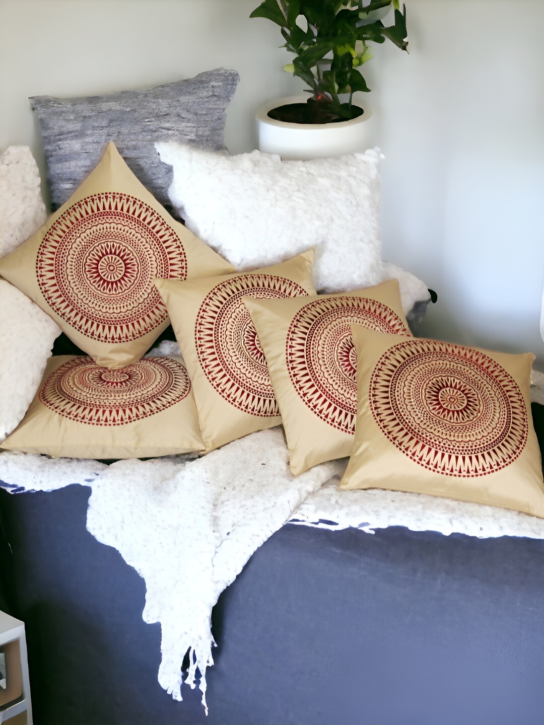 

Zikrak Exim Beige 5 Pcs Embroidered Satin Square Cushion Covers