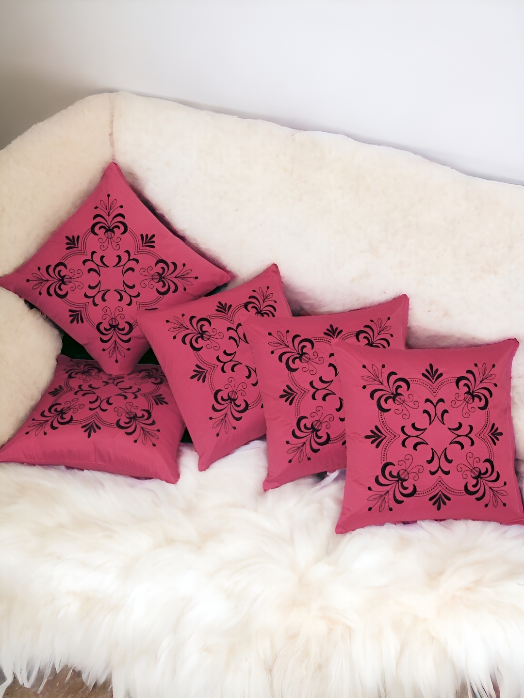 

Zikrak Exim Pink 5 Pcs Embroidered Satin Square Cushion Covers