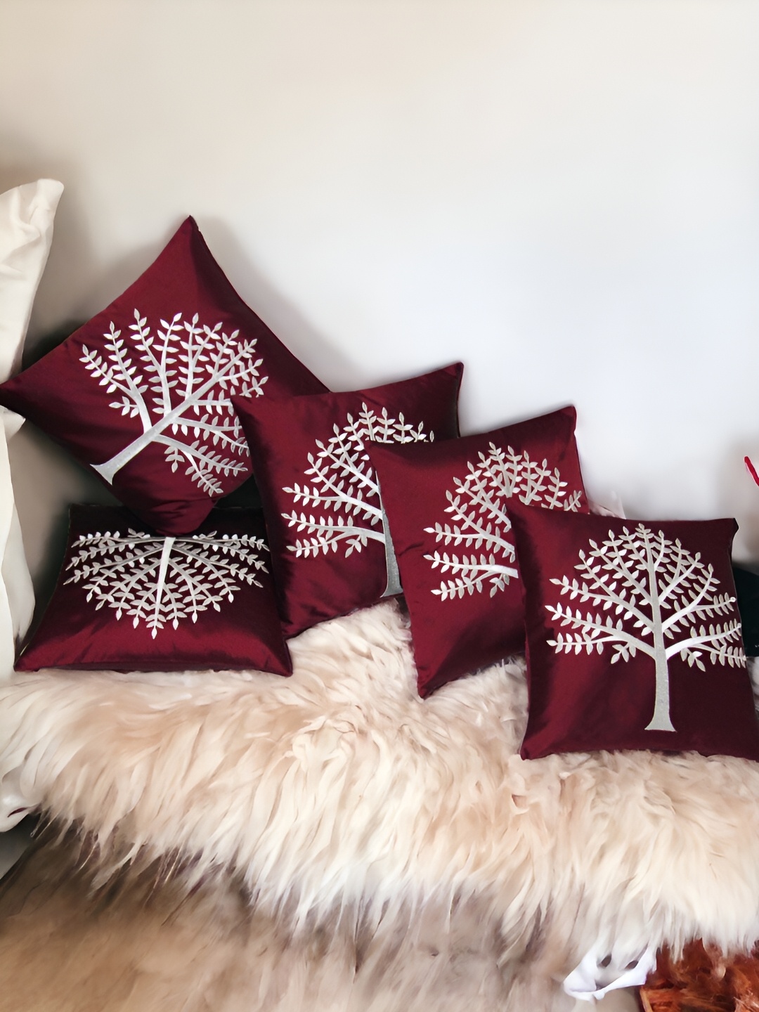 

Zikrak Exim Maroon 5 Pcs Embroidered Satin Square Cushion Covers