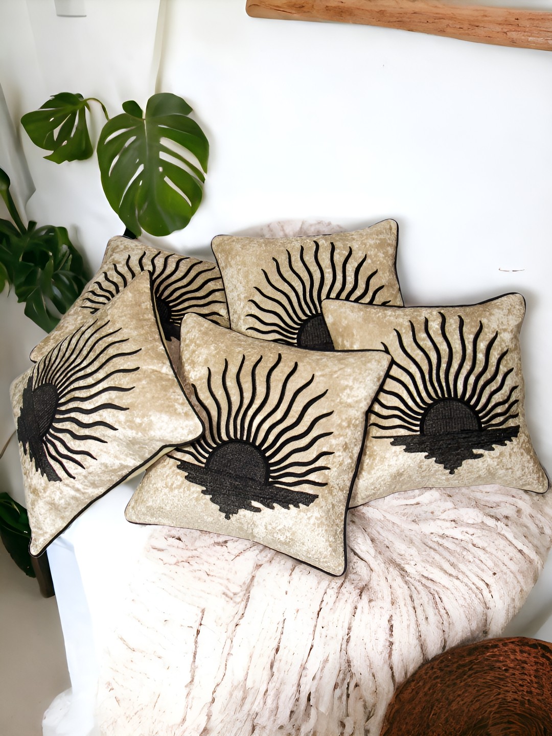 

Zikrak Exim Cream-Coloured 5 Pcs Embroidered Velvet Square Cushion Covers