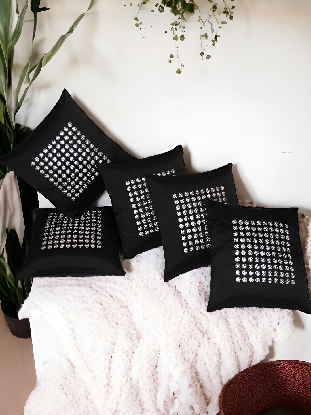 

Zikrak Exim Black 5 Pcs Embroidered Satin Square Cushion Covers