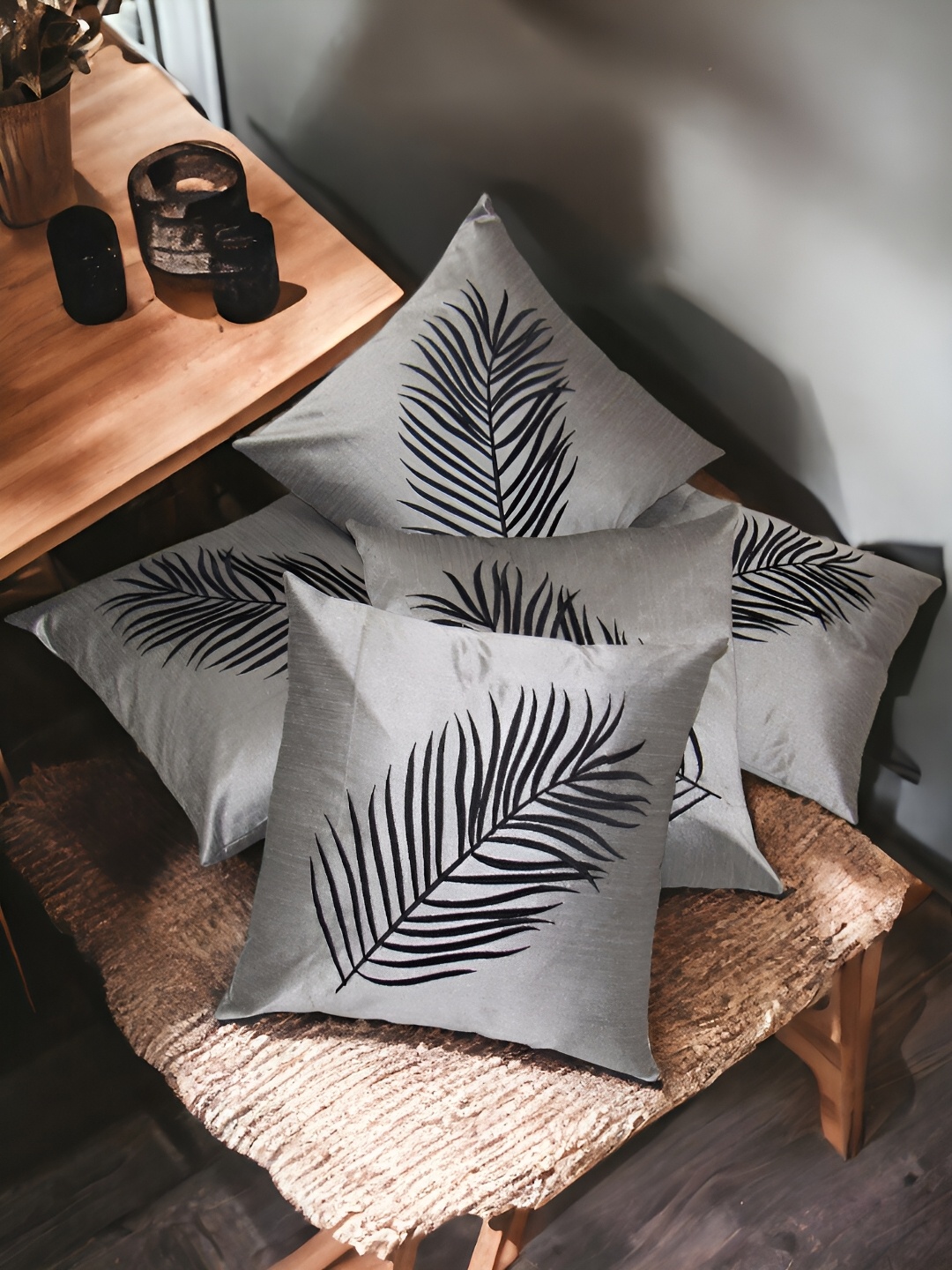 

Zikrak Exim Silver-Toned 5 Pcs Embroidered Satin Square Cushion Covers