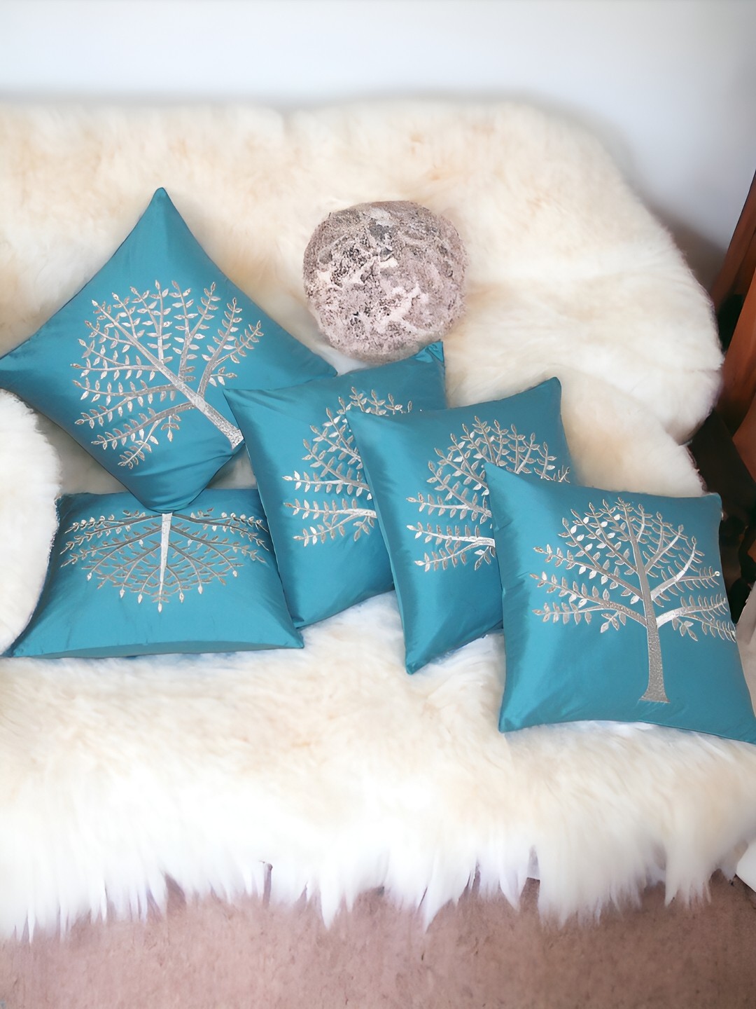 

Zikrak Exim Sea Green 5 Pcs Embroidered Satin Square Cushion Covers
