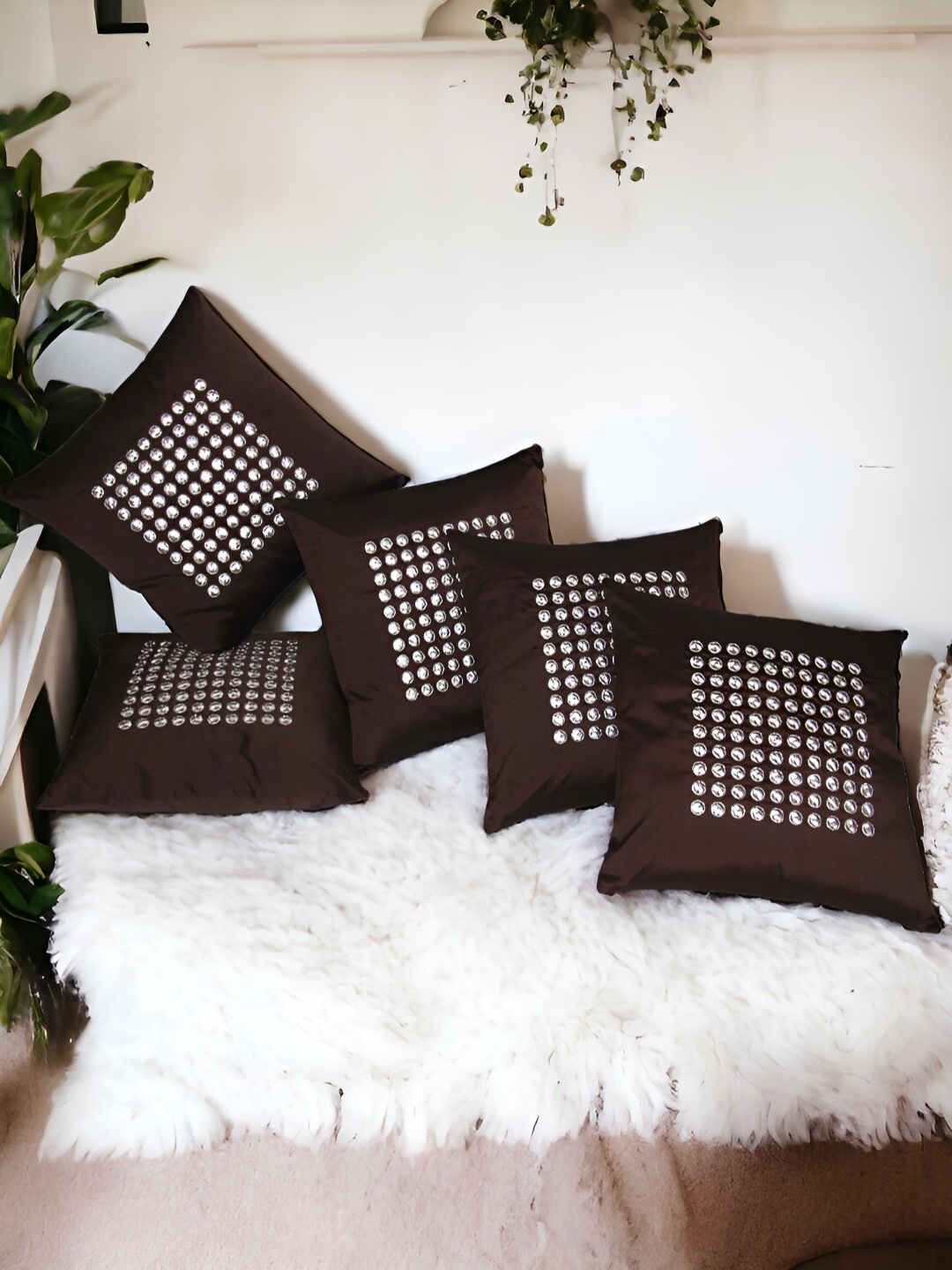 

Zikrak Exim Brown 5 Pcs Embroidered Satin Square Cushion Covers