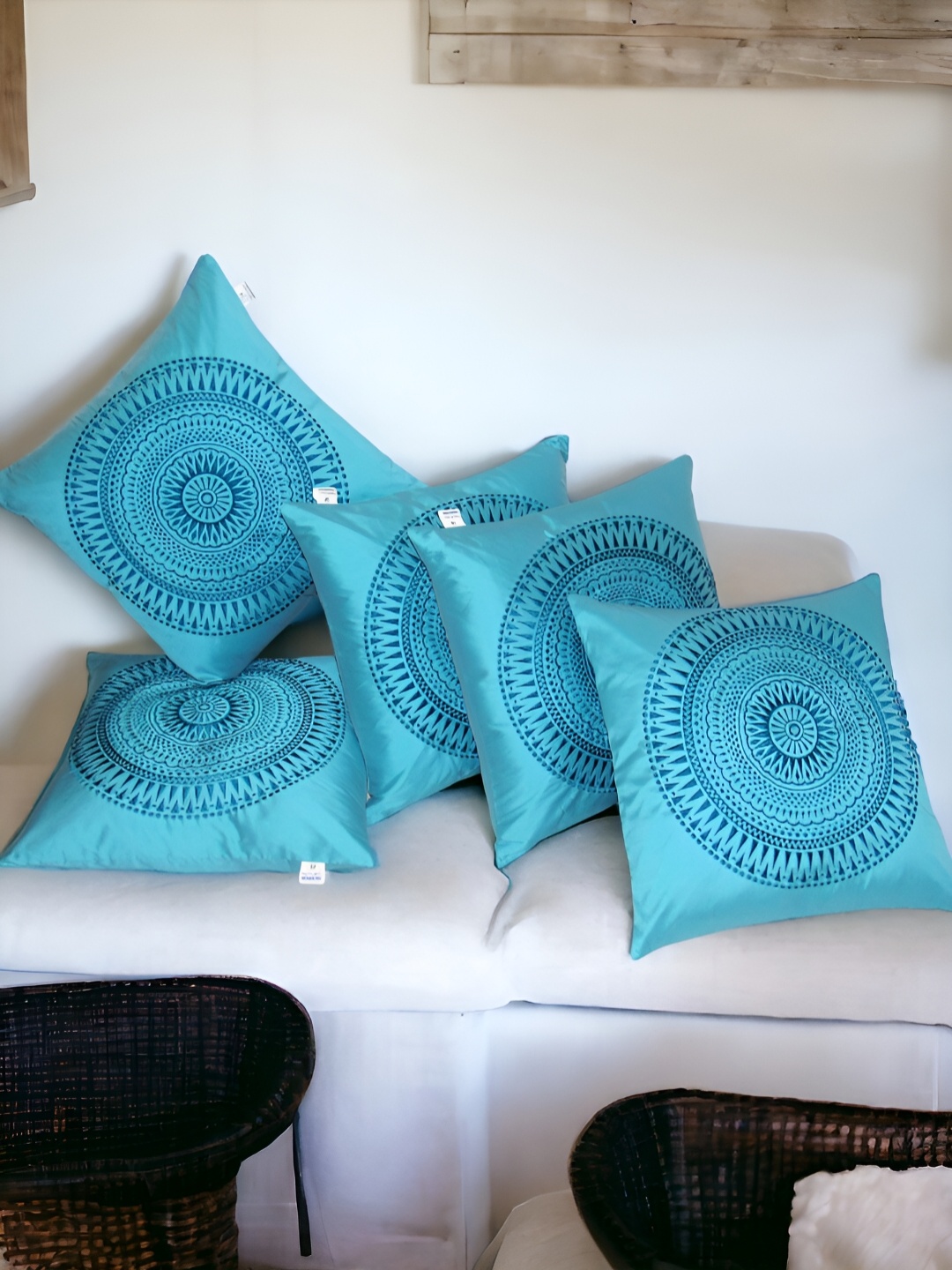 

Zikrak Exim Sea Green 5 Pcs Embroidered Satin Square Cushion Covers