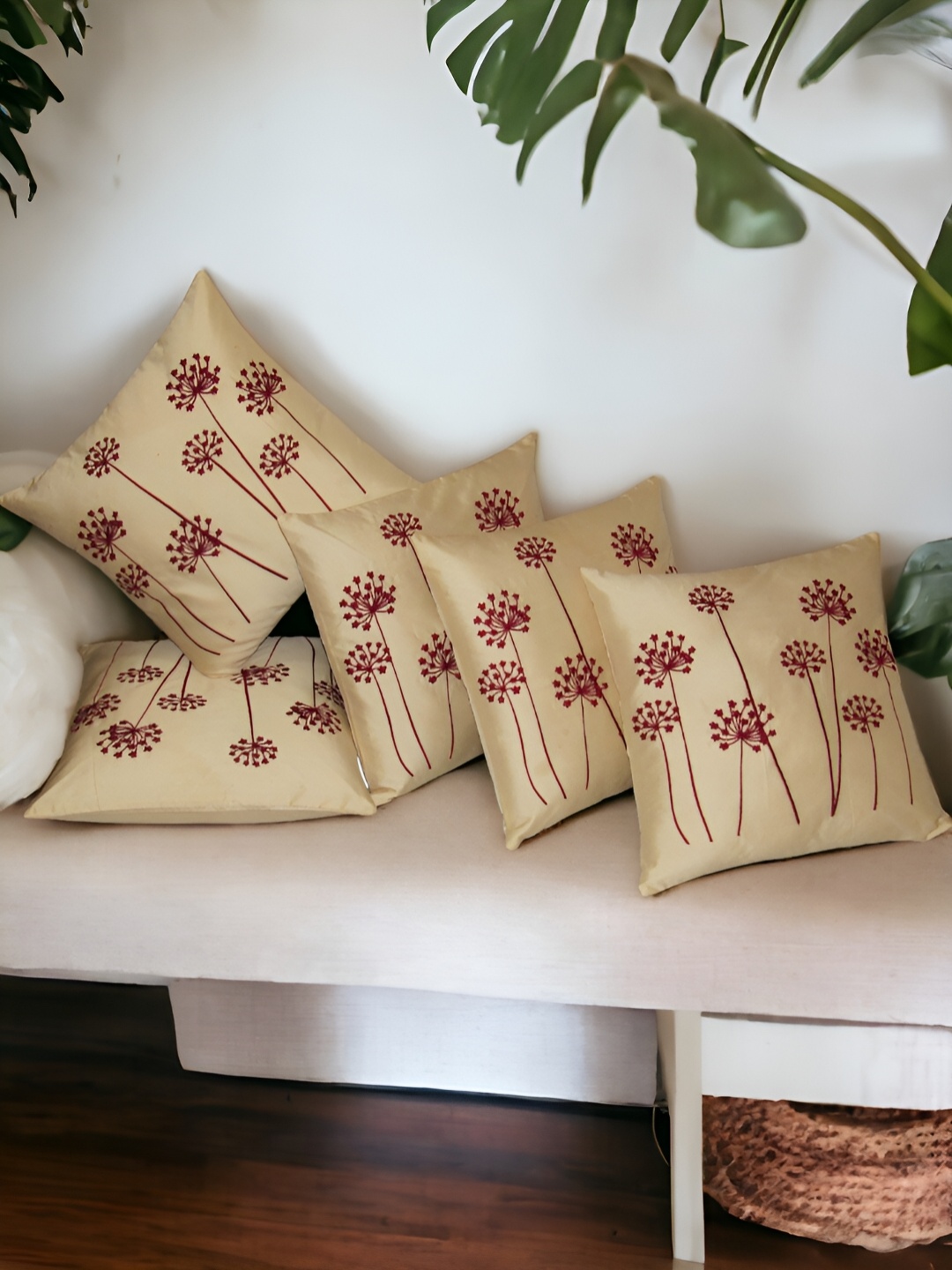 

Zikrak Exim Beige 5 Pcs Embroidered Satin Square Cushion Covers