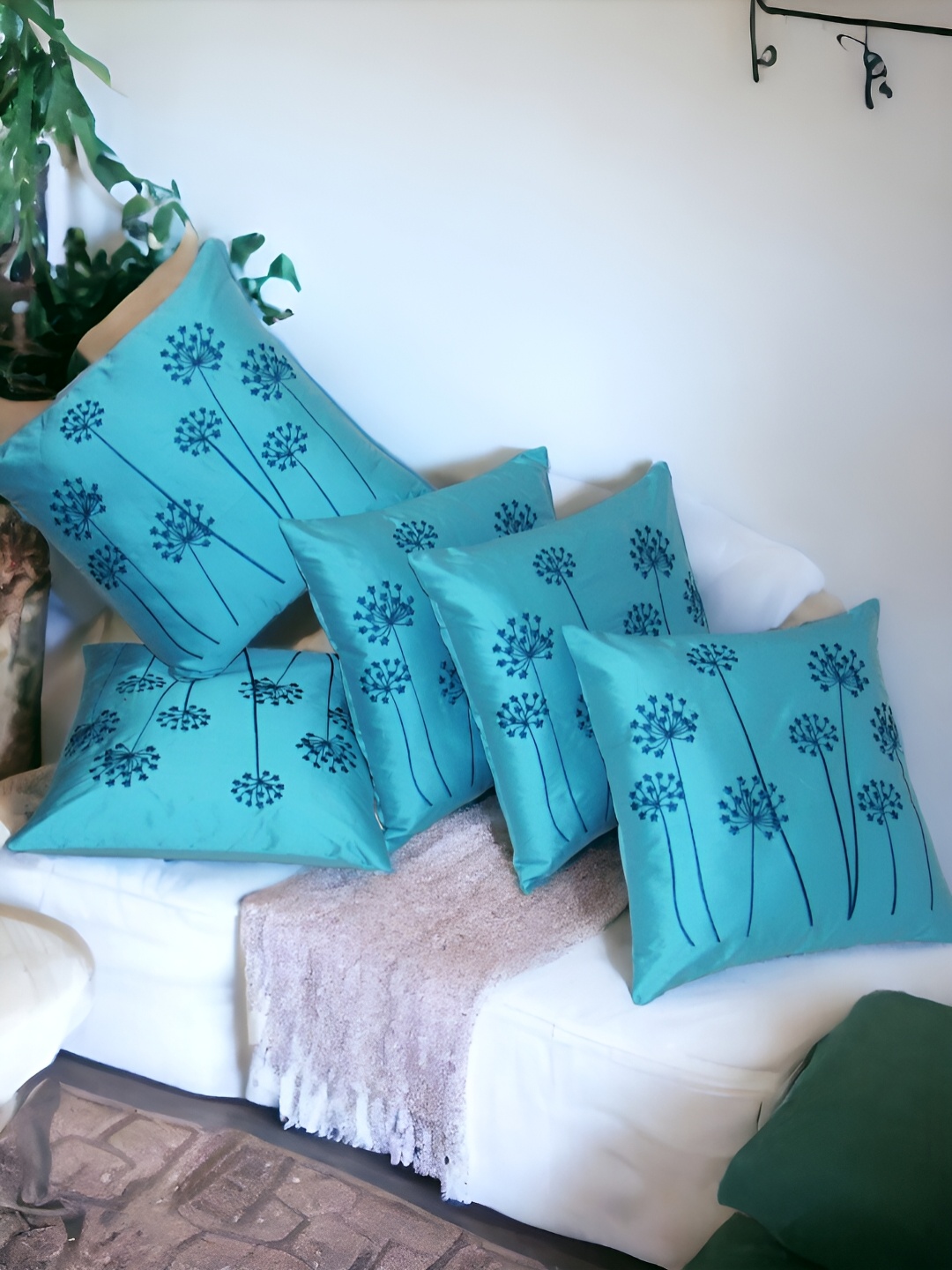 

Zikrak Exim Sea Green 5 Pcs Embroidered Satin Square Cushion Covers