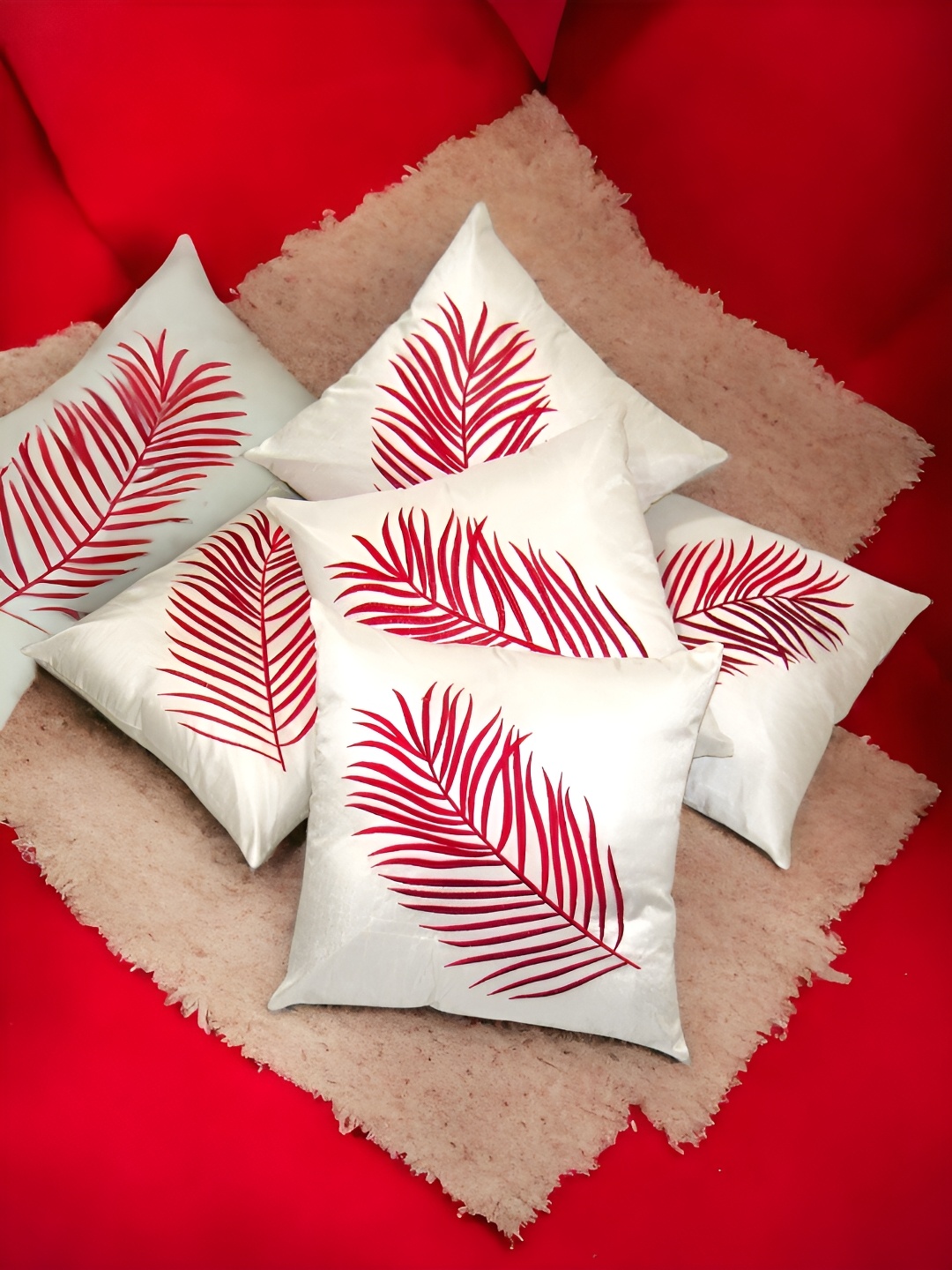 

Zikrak Exim Cream-Coloured 5 Pcs Embroidered Satin Square Cushion Covers
