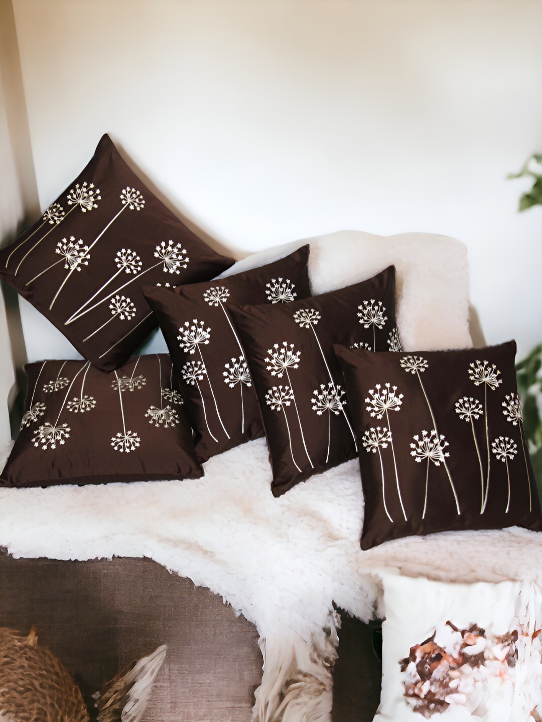 

Zikrak Exim Brown 5 Pcs Embroidered Satin Square Cushion Covers