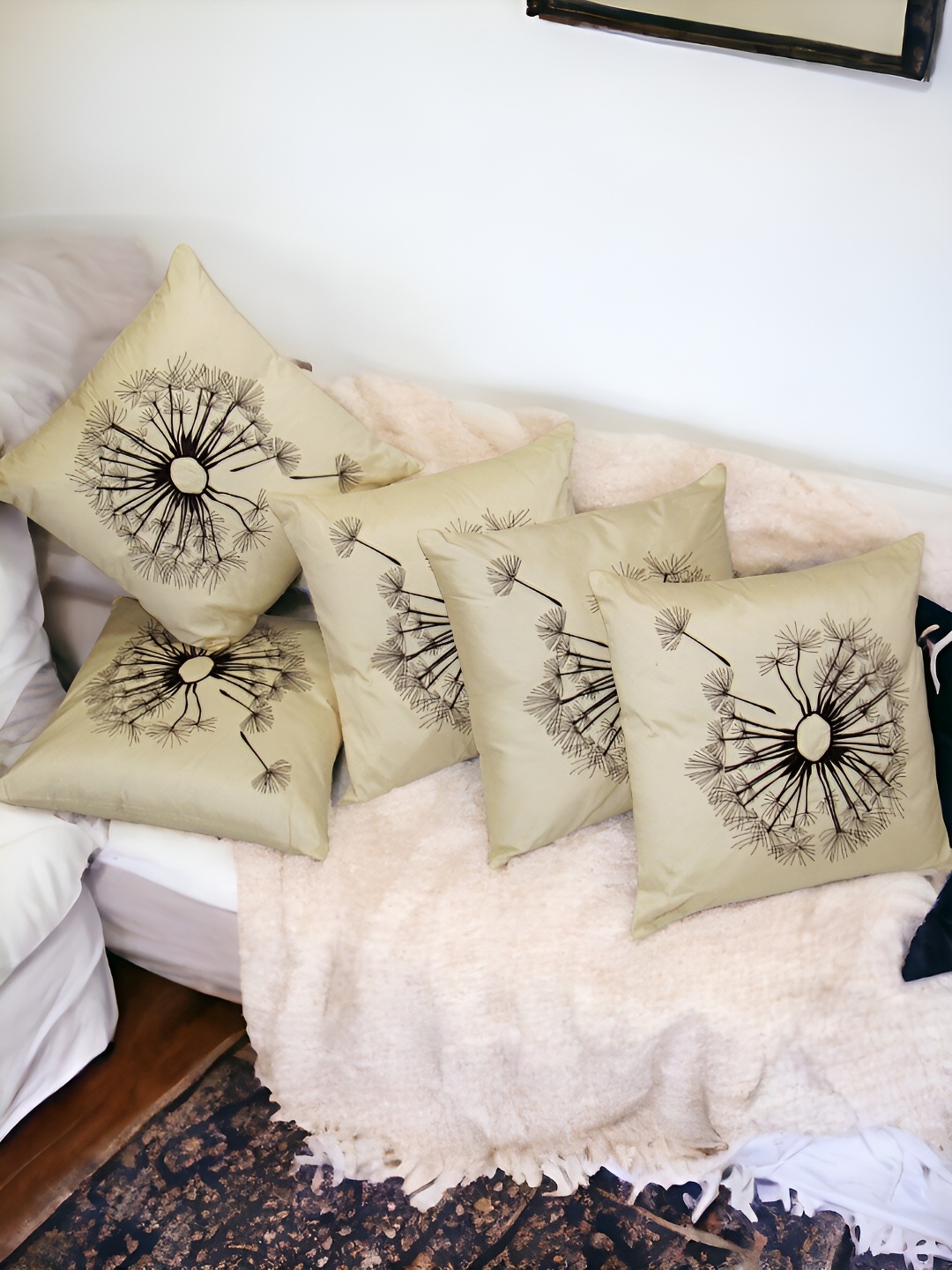 

Zikrak Exim Cream-Coloured 5 Pcs Embroidered Satin Square Cushion Covers
