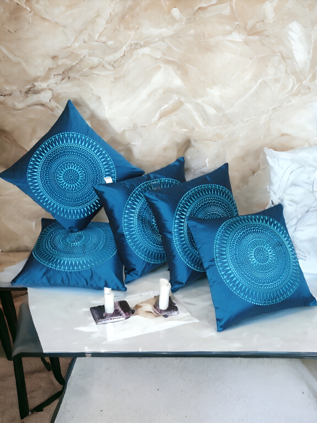 

Zikrak Exim Turquoise Blue 5 Pcs Embroidered Satin Square Cushion Covers