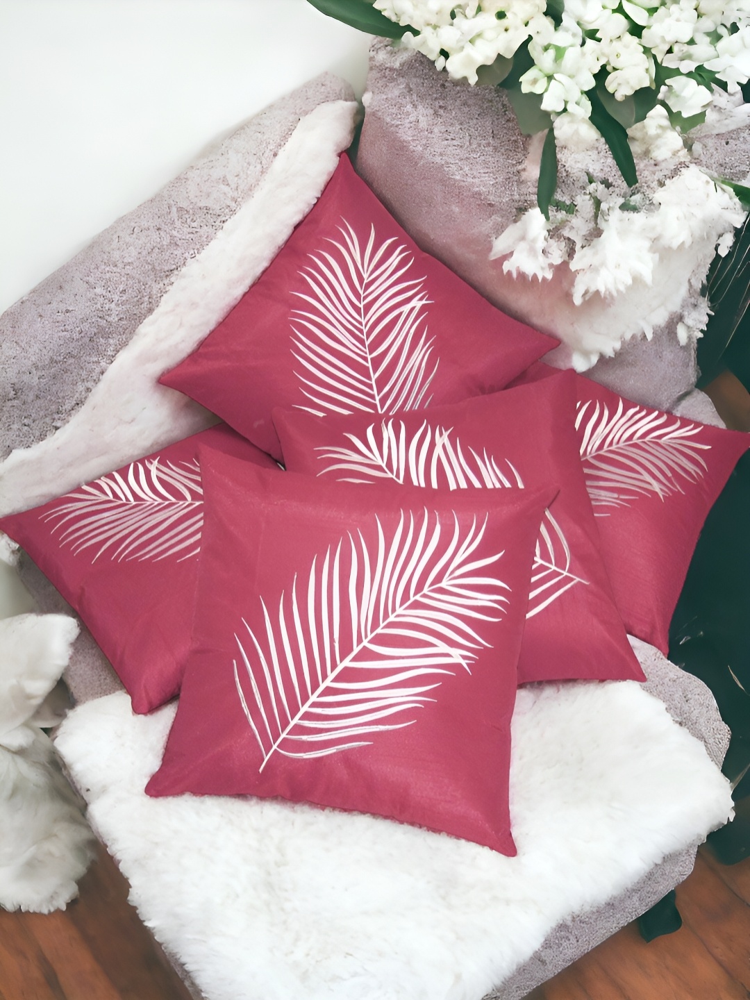 

Zikrak Exim Pink 5 Pcs Embroidered Satin Square Cushion Covers