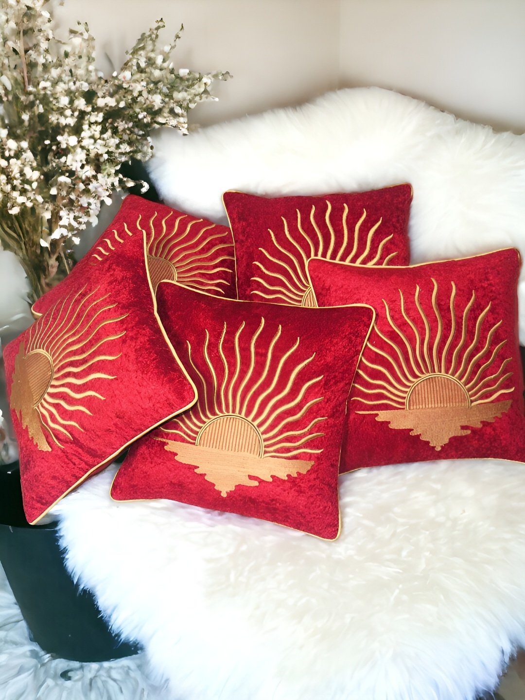 

Zikrak Exim Red 5 Pcs Embroidered Velvet Square Cushion Covers