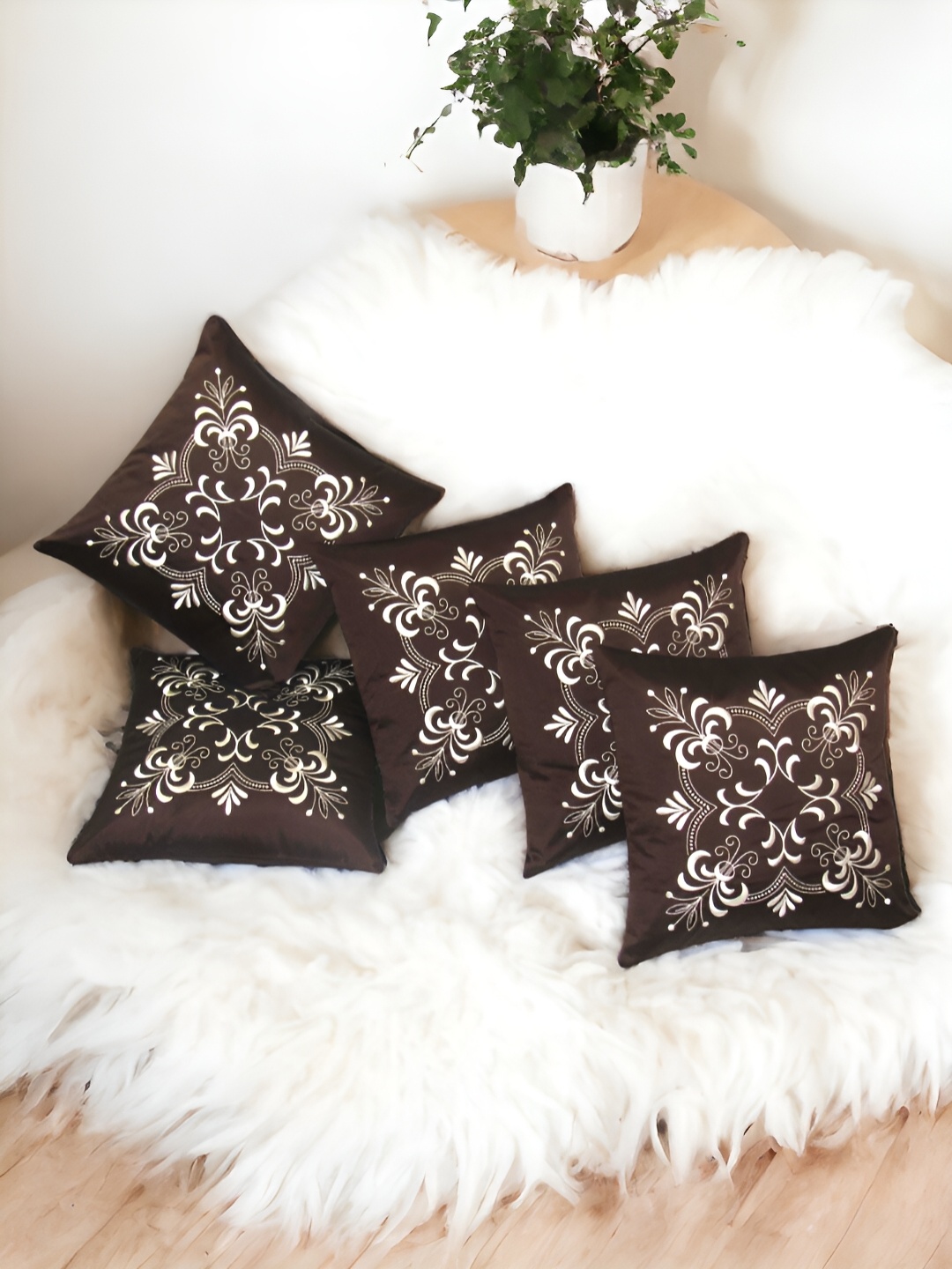

Zikrak Exim Brown & White 5 Pcs Embroidered Satin Square Cushion Covers