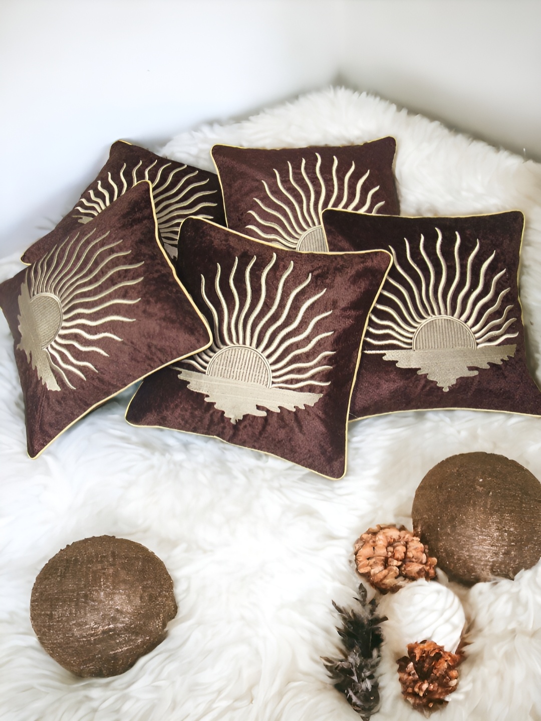 

Zikrak Exim Brown & Beige 5 Pcs Embroidered Velvet Square Cushion Covers