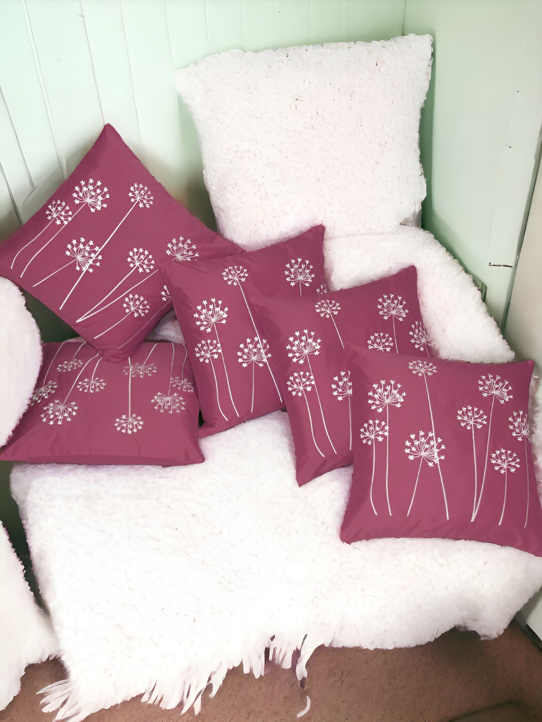 

Zikrak Exim Pink & White 5 Pcs Embroidered Satin Square Cushion Covers