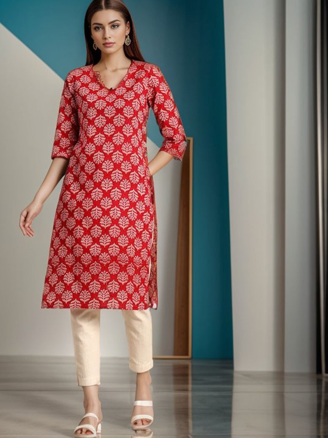 

KALINI Ethinic Motifs Printed Straight Cotton Kurta, Red