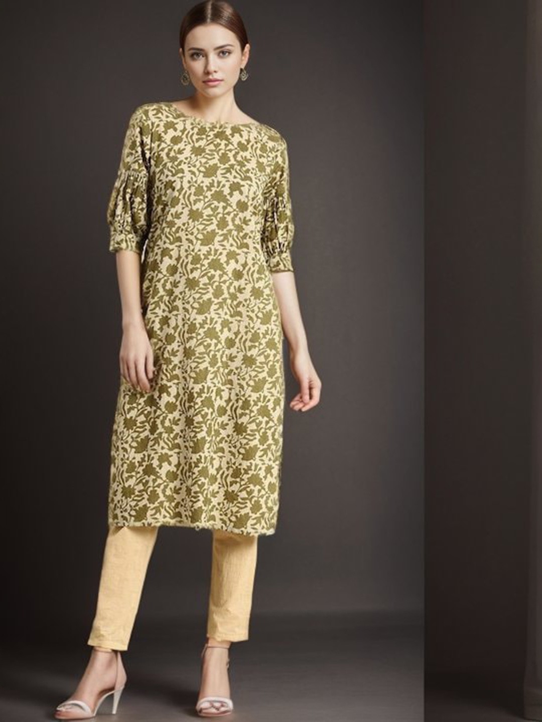 

KALINI Floral Printed Cotton Straight Kurta, Beige