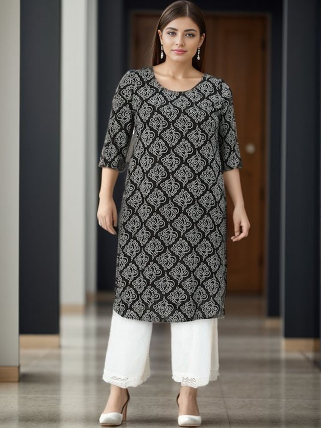 KALINI Ethnic Motifs Printed Straight Kurta, Black