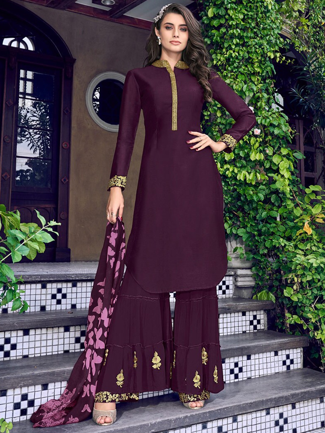 

Chandbaali Embroidered Art Silk Semi-Stitched Dress Material, Purple