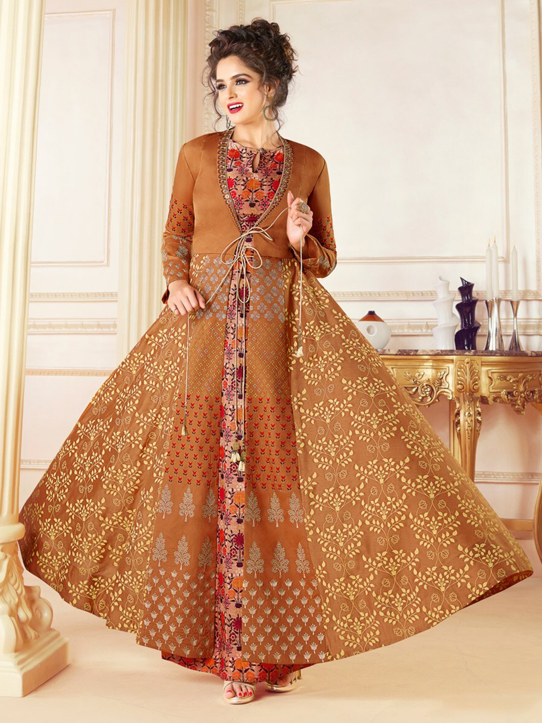 

Chandbaali Embroidered Art Silk Semi-Stitched Dress Material, Mustard