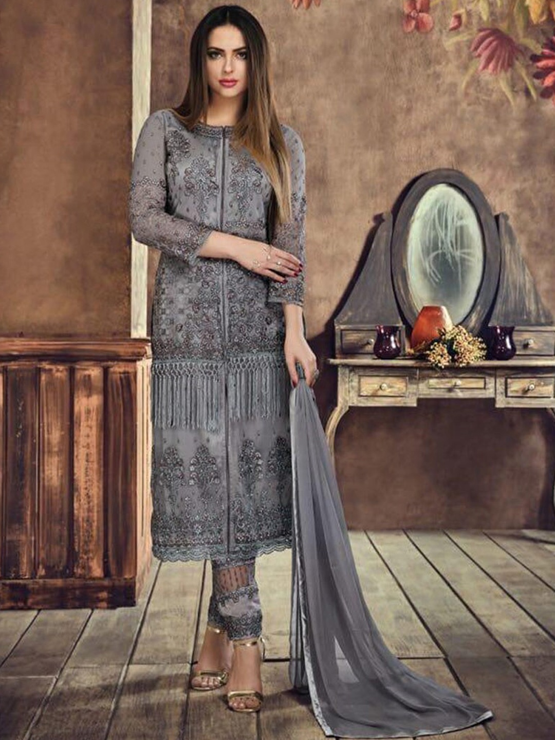 

Chandbaali Embroidered Semi-Stitched Dress Material, Grey