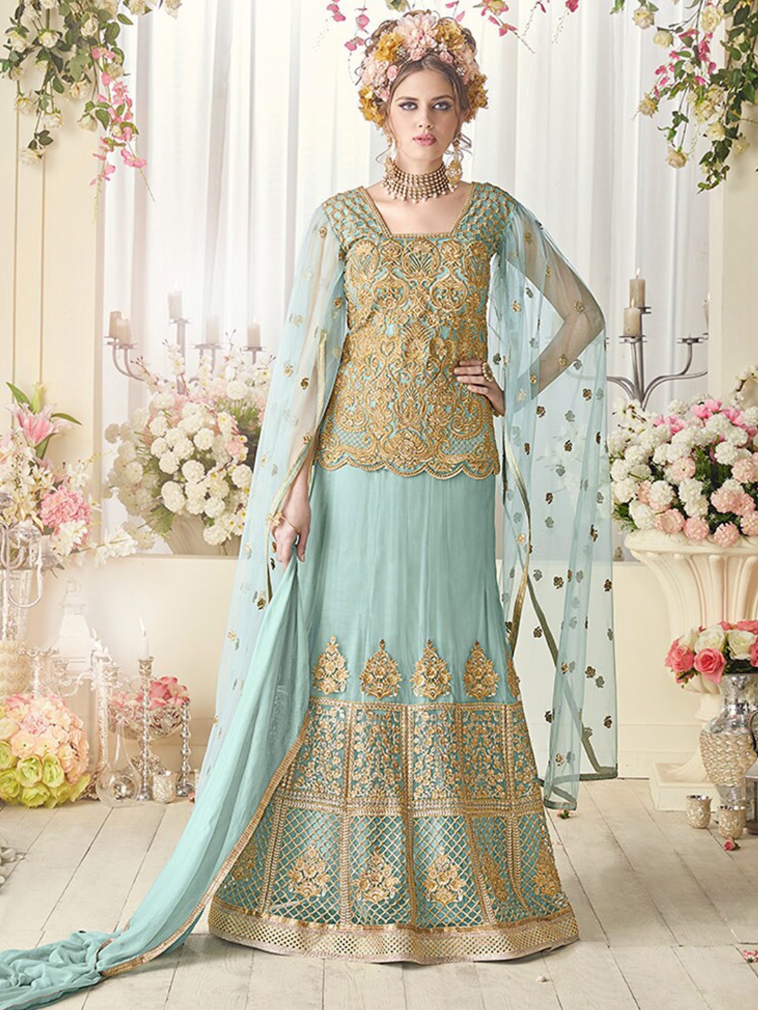 

Chandbaali Embroidered Semi-Stitched Dress Material, Blue