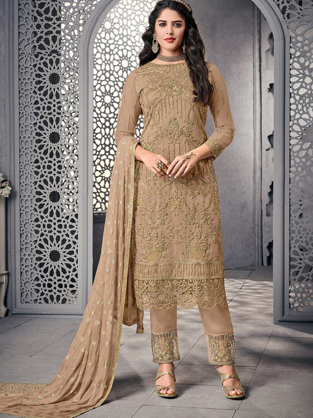 

Chandbaali Embroidered Semi-Stitched Dress Material, Beige