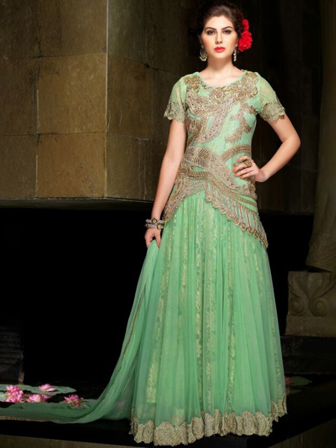 

Chandbaali Embroidered Semi-Stitched Dress Material, Green
