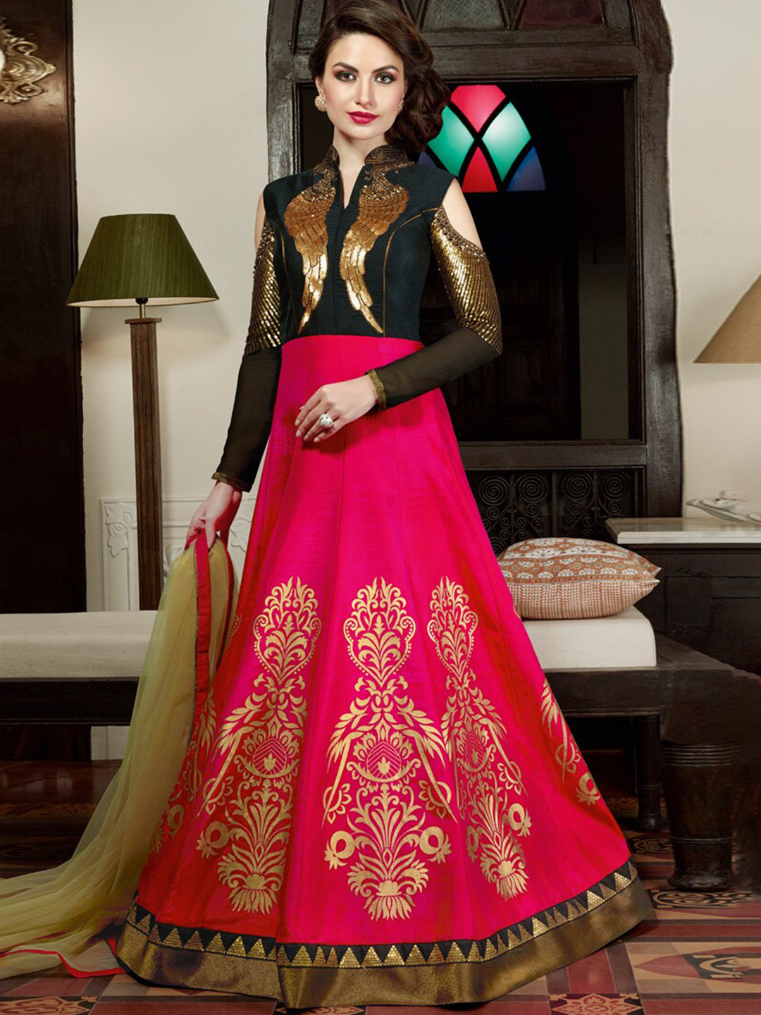 

Chandbaali Embroidered Raw Silk Semi-Stitched Dress Material, Pink