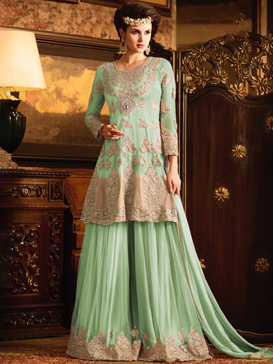 

Chandbaali Embroidered Semi-Stitched Dress Material, Green