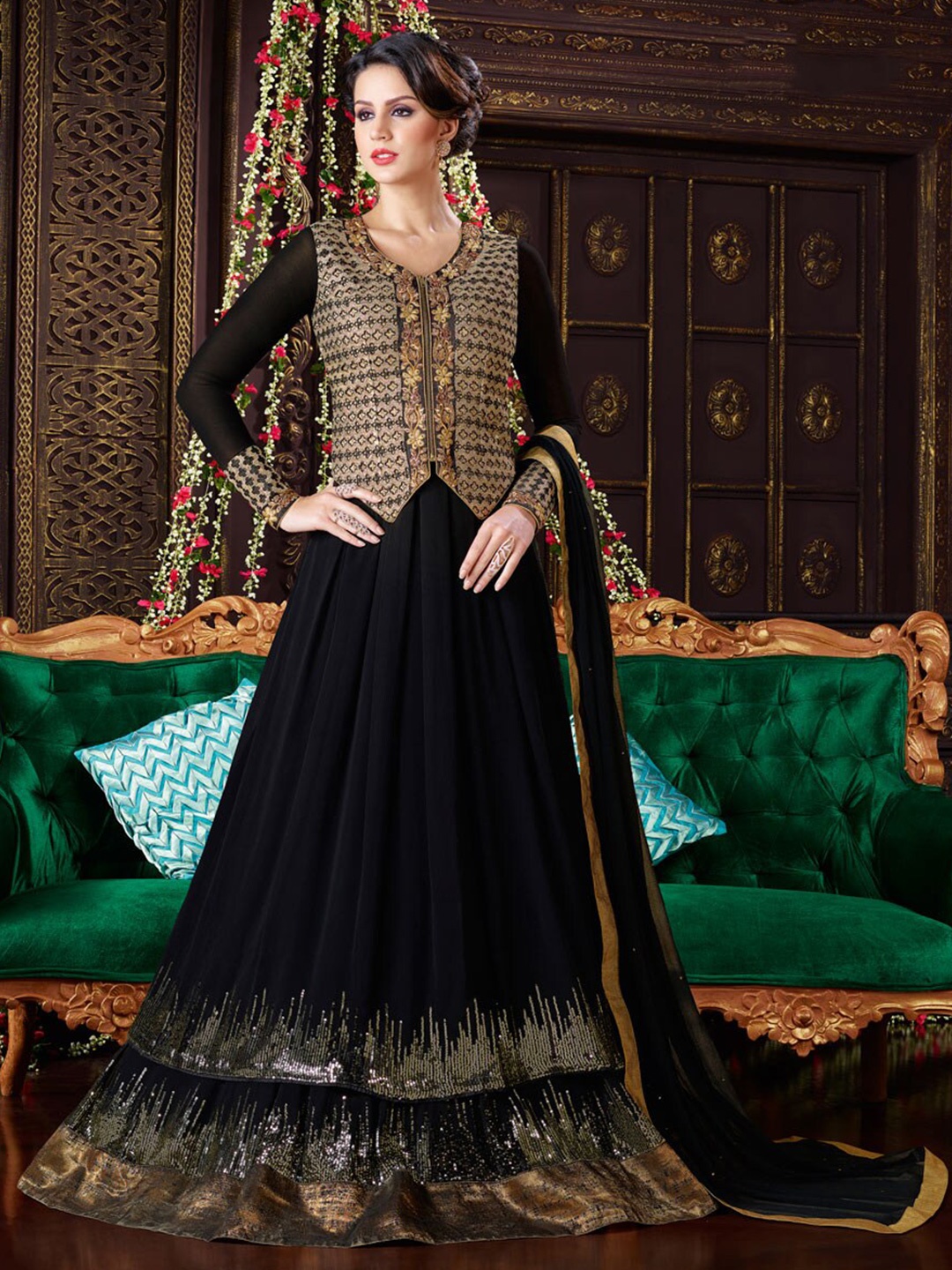 

Chandbaali Embroidered Art Silk Semi-Stitched Dress Material, Black