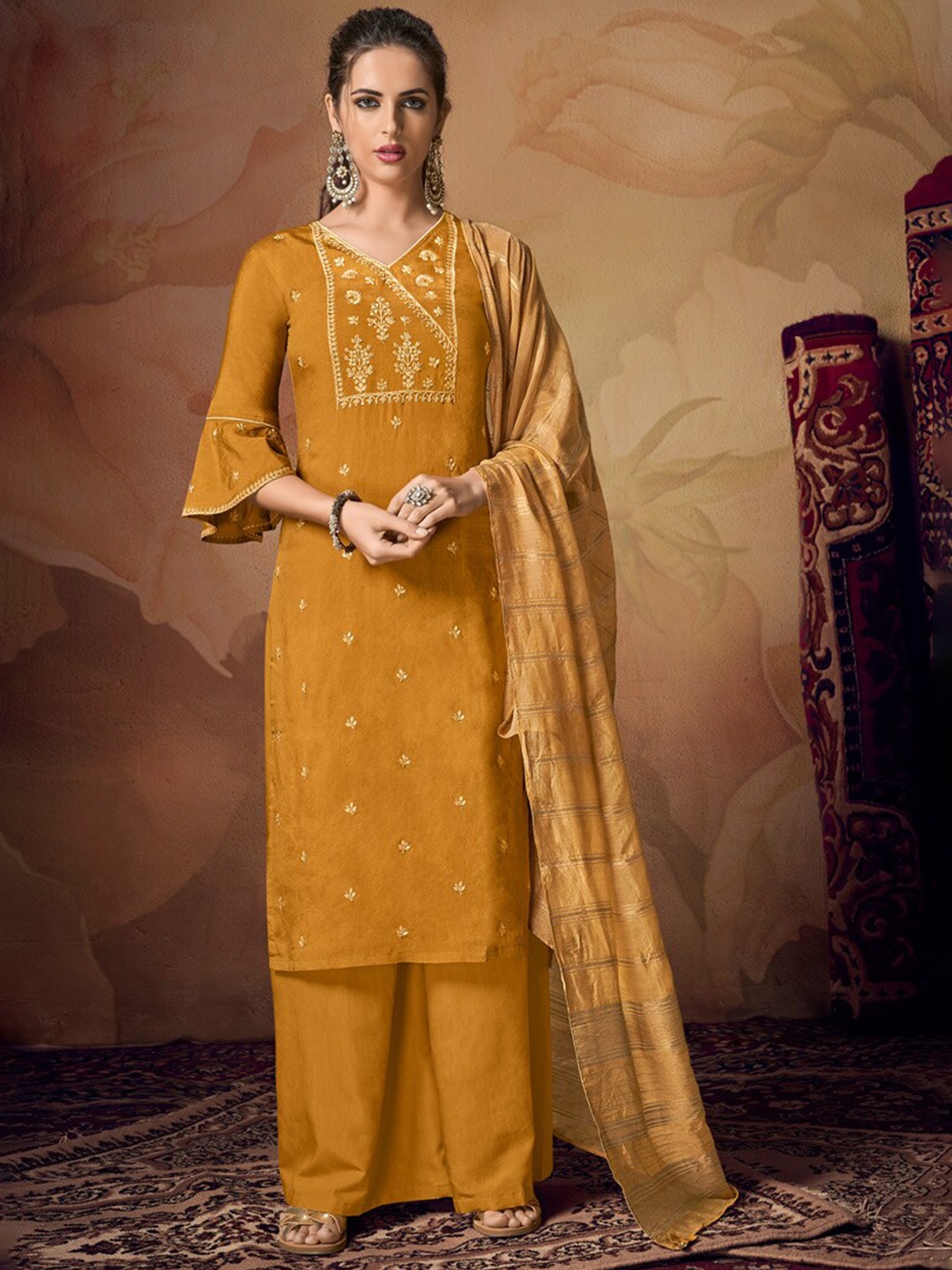 

Chandbaali Embroidered Pure Silk Semi-Stitched Dress Material, Mustard