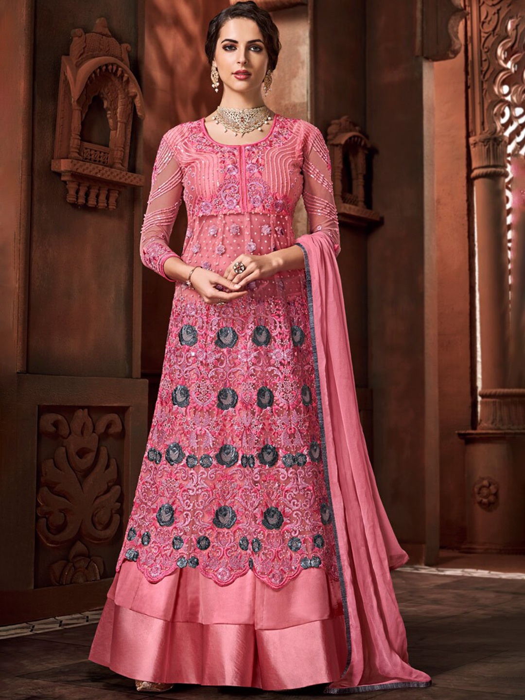 

Chandbaali Embroidered Semi-Stitched Dress Material, Pink