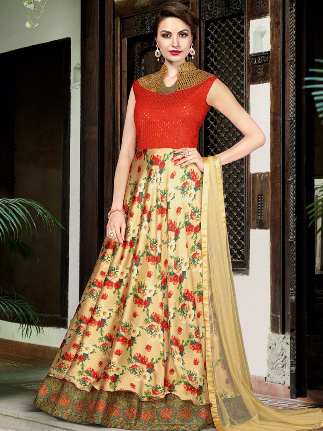 

Chandbaali Embroidered Satin Semi-Stitched Dress Material, Beige