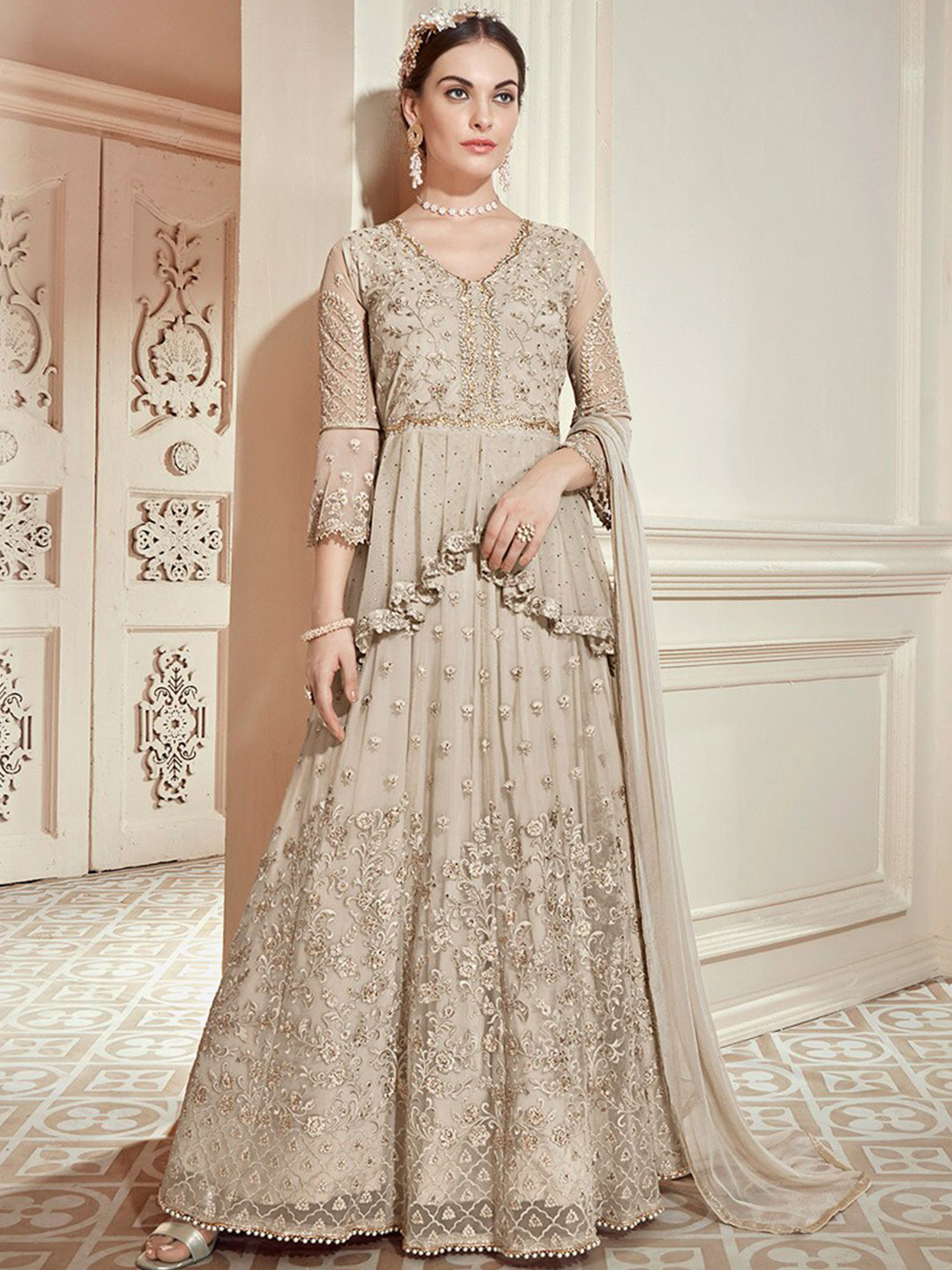 

Chandbaali Embroidered Semi-Stitched Dress Material, Beige