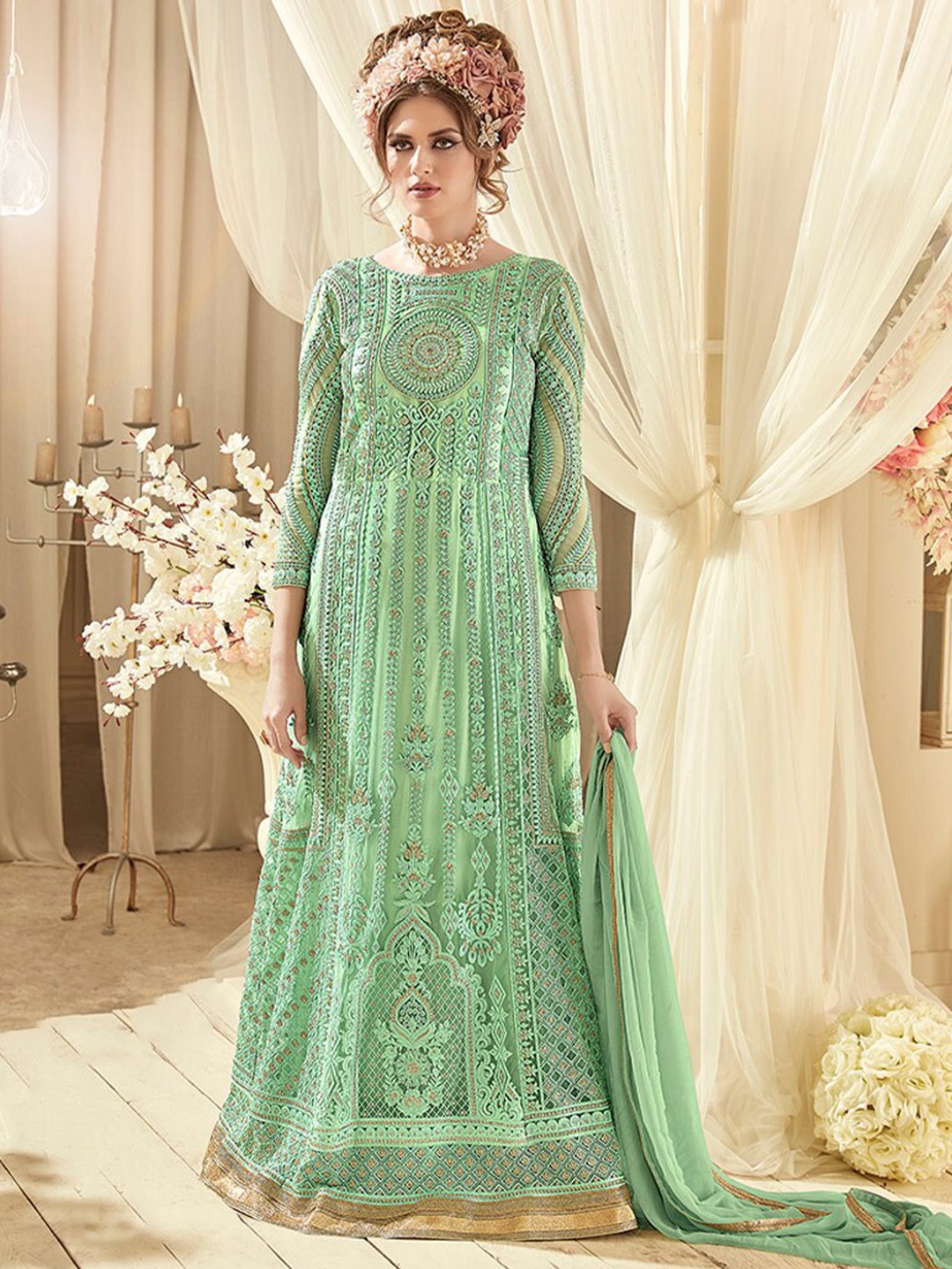 

Chandbaali Embroidered Semi-Stitched Dress Material, Green
