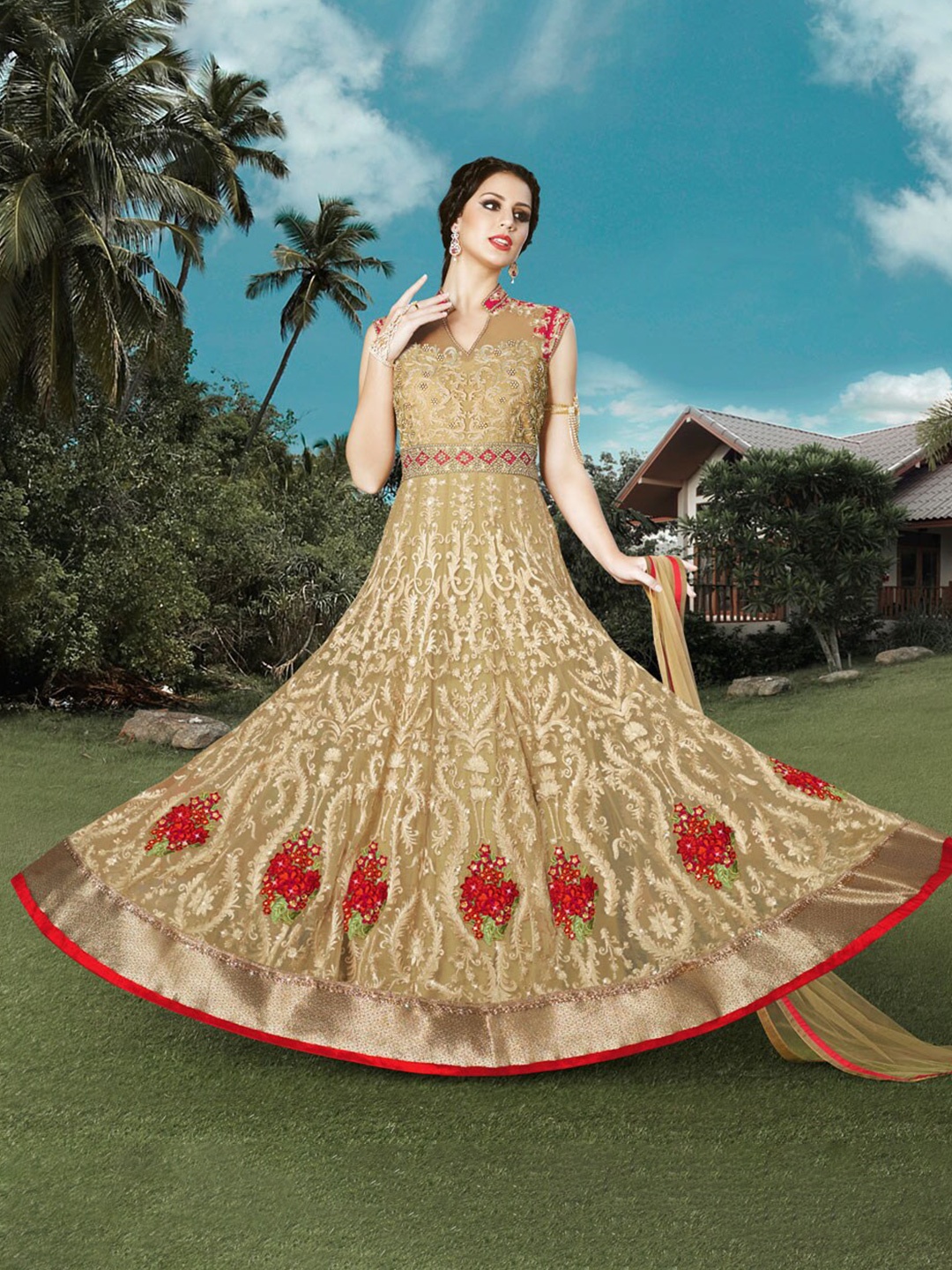 

Chandbaali Embroidered Semi-Stitched Dress Material, Beige