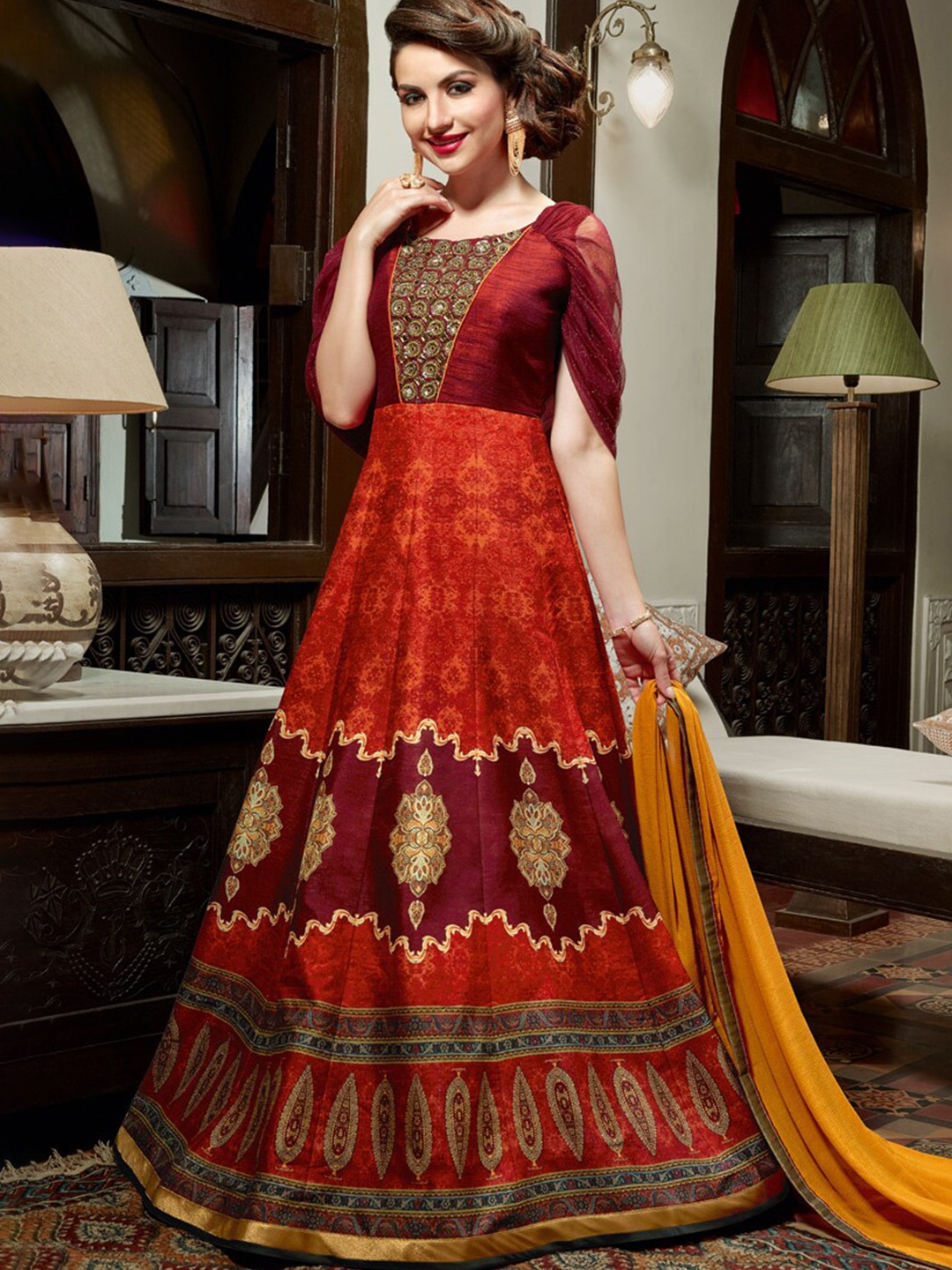 

Chandbaali Embroidered Art Silk Semi-Stitched Dress Material, Maroon