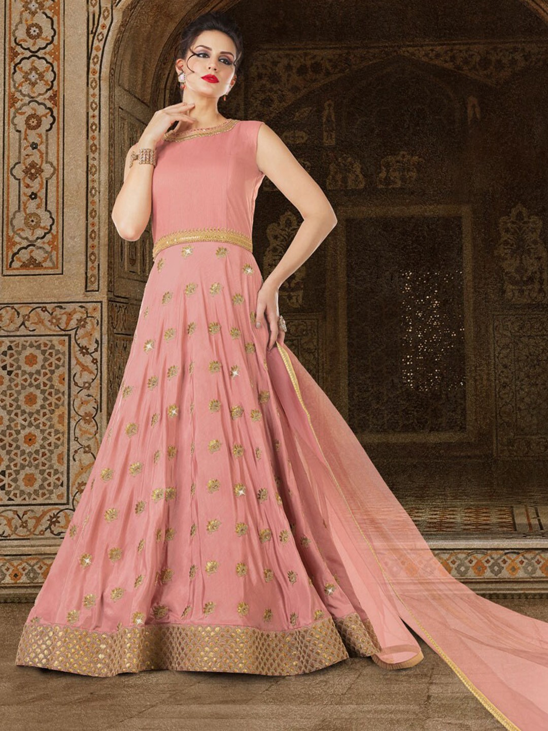 

Chandbaali Embroidered Art Silk Semi-Stitched Dress Material, Peach
