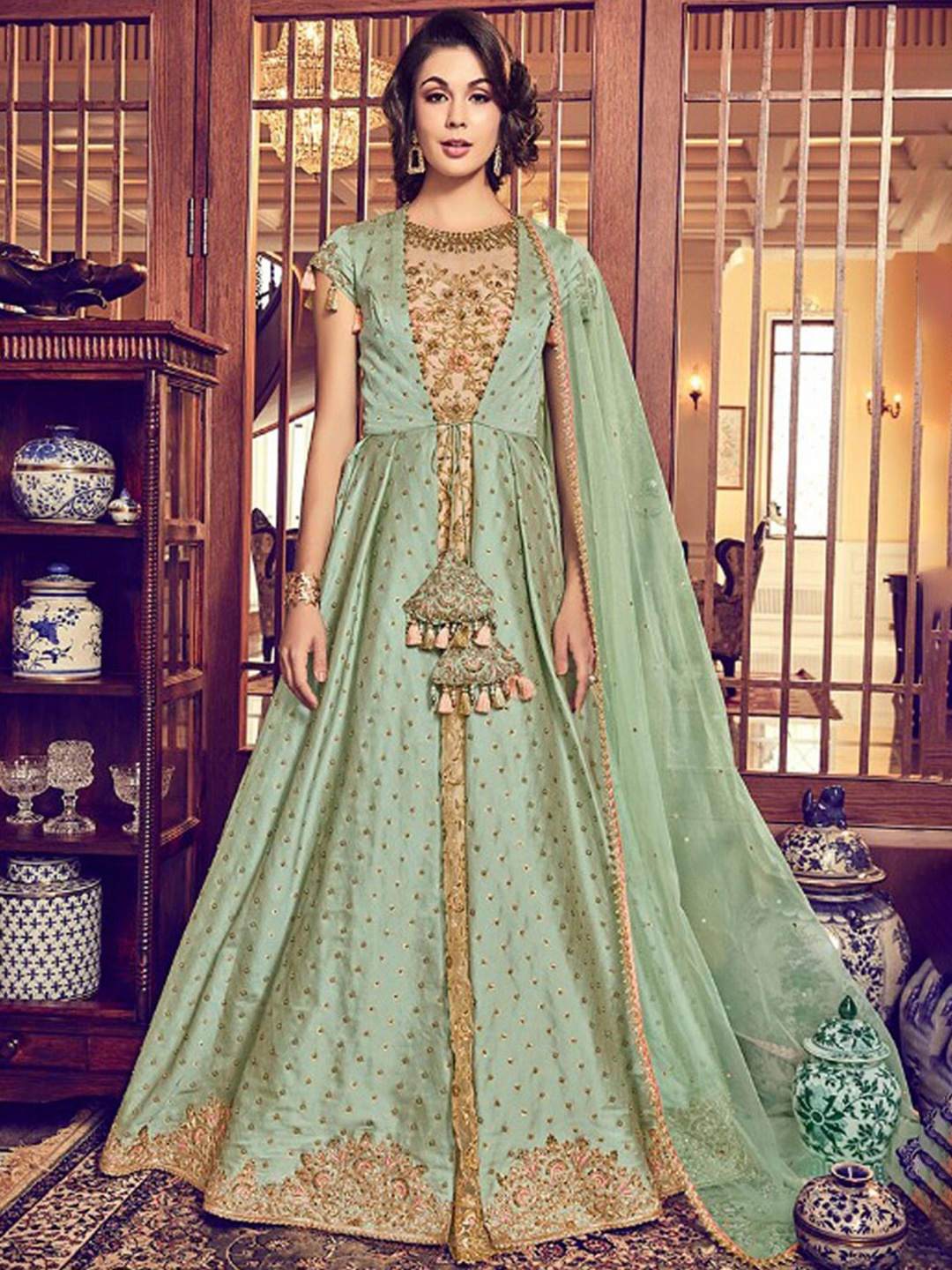 

Chandbaali Embroidered Art Silk Semi-Stitched Dress Material, Green