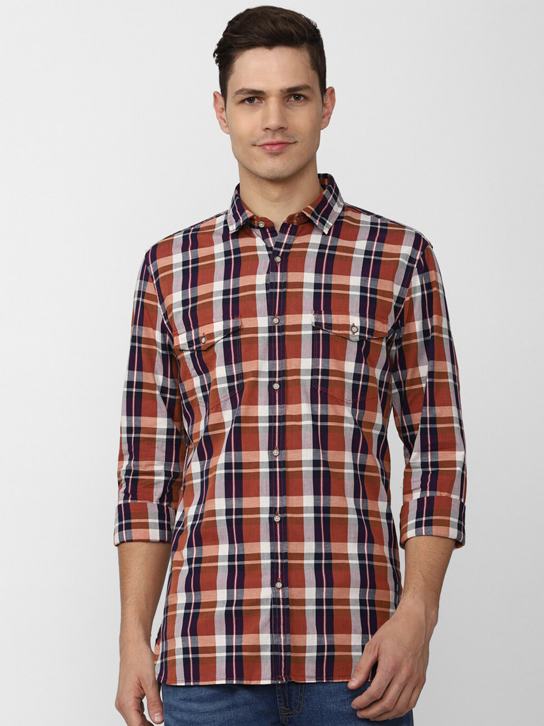 

Peter England Casuals Slim Fit Tartan Checks Spread Collar Long Sleeves Cotton Shirt, Brown