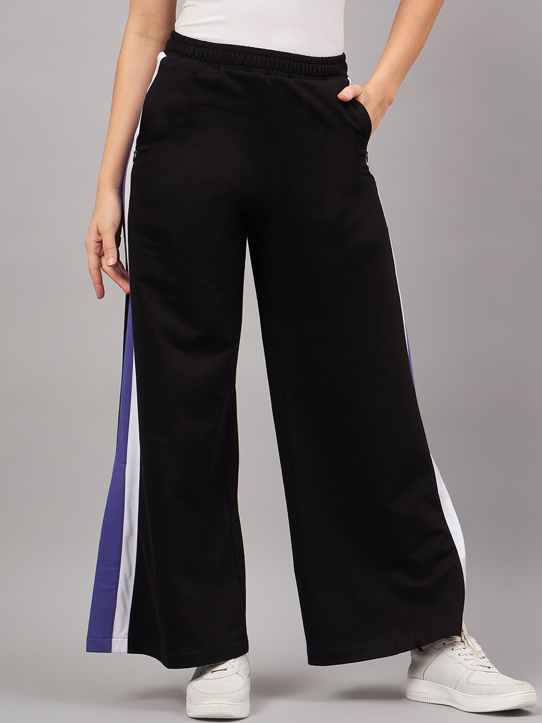 

FEMEA Women Solid Side Stripes Cotton Wide Leg Track Pants, Black