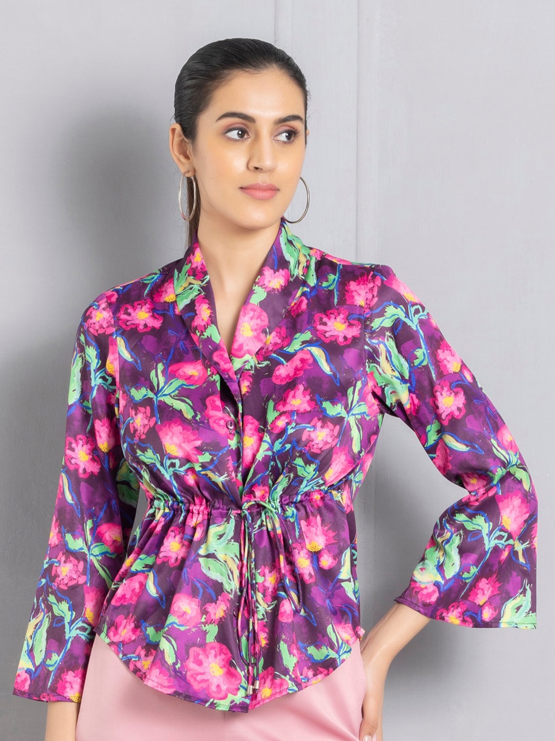 

SHAYE Smart Floral Printed Spread Collar Long Sleeves Satin Casual Shirt, Purple