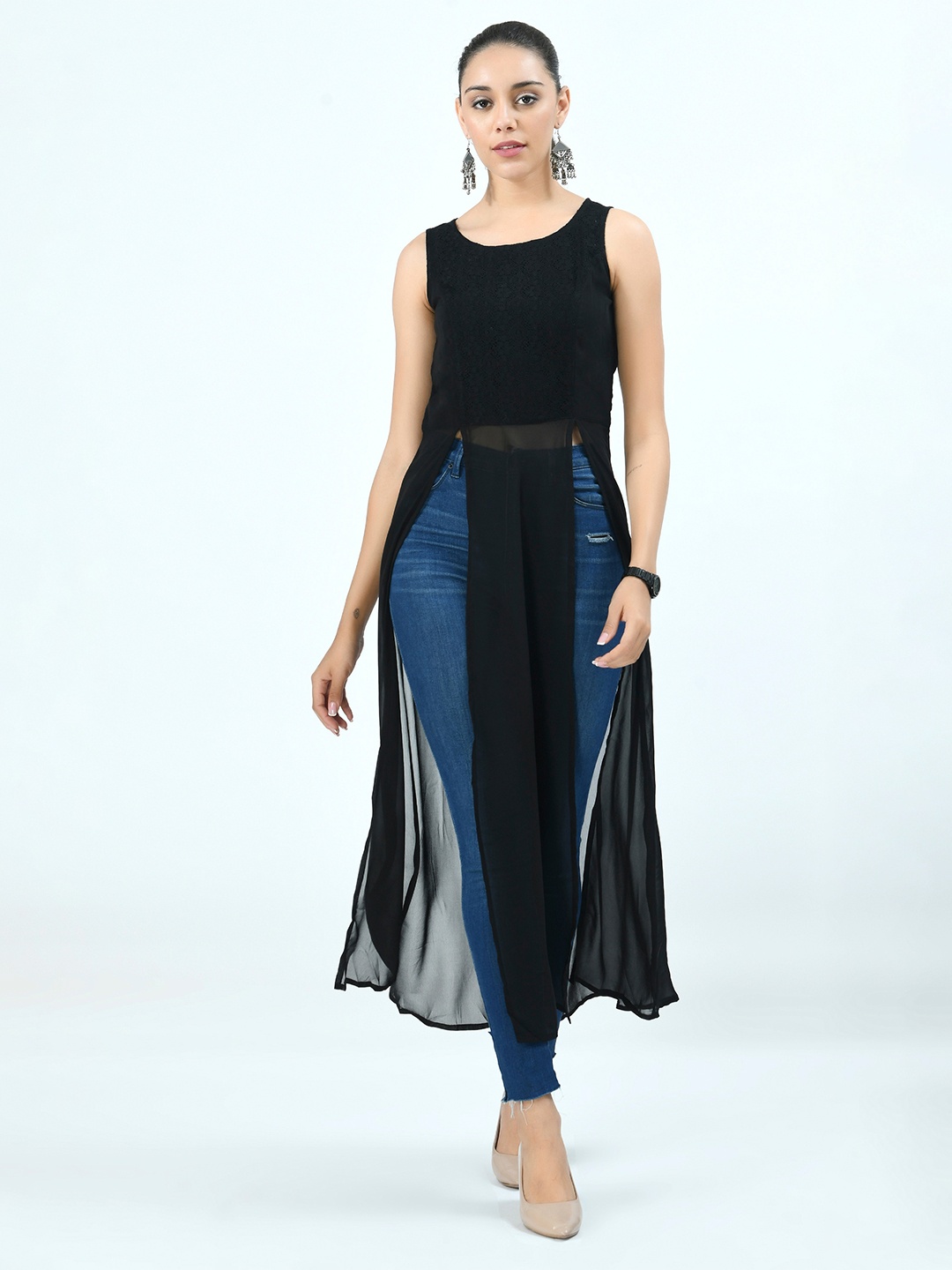 

V&M Black Round Neck Georgette Maxi Longline Top