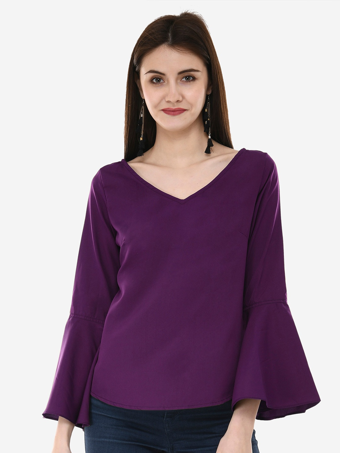 

V&M V-Neck Full Sleeves Crepe Top, Purple